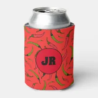 Trendy Red and Green Chilli Pepper Print Monogram Can Cooler