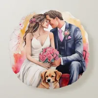 Beautiful Wedding Couple Watercolour Round Pillow