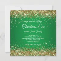 Faux Sparkly Gold Glitter Christmas Green Invitation