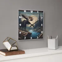 Majestic Moose by Tranquil River at Dusk Square Wall Clock