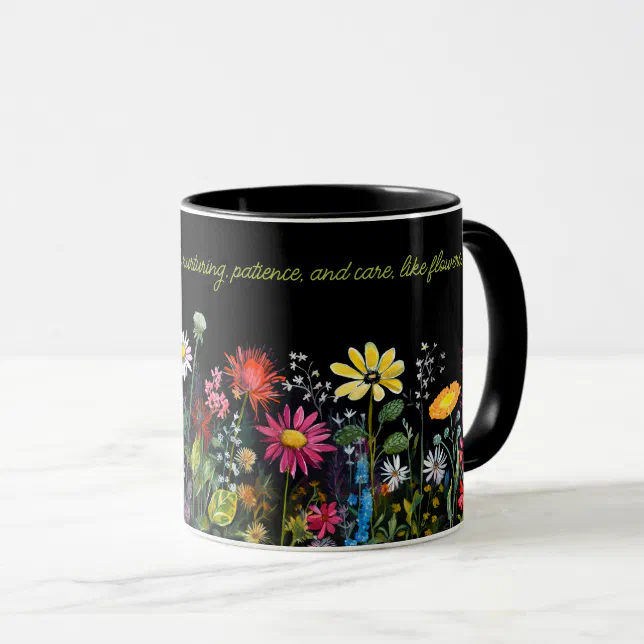 Colorful flowers on Black Watercolor Print Mug