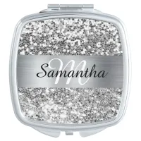 Sparkly Silver Glitter Shimmer Foil Monogram Compact Mirror