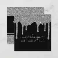 Black Silver Sparkle Glitter Drips Luxury Square Business Card