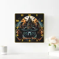 Halloween bears wearing spooky witch hats square wall clock