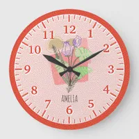 Retro Kids Dotted Floral Red Art Large Clock