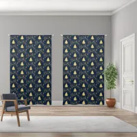 Christmas Gold Stars & Trees Deep Blue Background Blackout Curtains