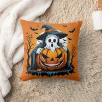 Halloween ghost with pumpkin under a spooky sky throw pillow