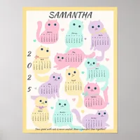 2025 Year Monthly Calendar Cute Pastel Playful Cat Poster