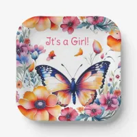 Butterfly in Flowers Girl's Baby Shower Paper Plates