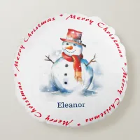 Happy Snowman Merry Christmas Cute Custom Name Round Pillow