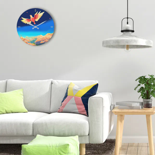 Colorful bird flying above the mountains large clock