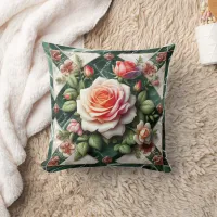 Elegant Roses on a Green Marble Background Throw Pillow