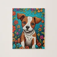 Cute Puppy with Whimsical Folk Art Flowers Jigsaw Puzzle