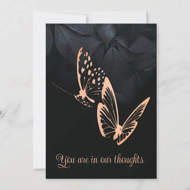 Condolence card black with butterflies and leaves