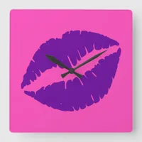 Pink and Purple Lipstick Kiss Square Wall Clock