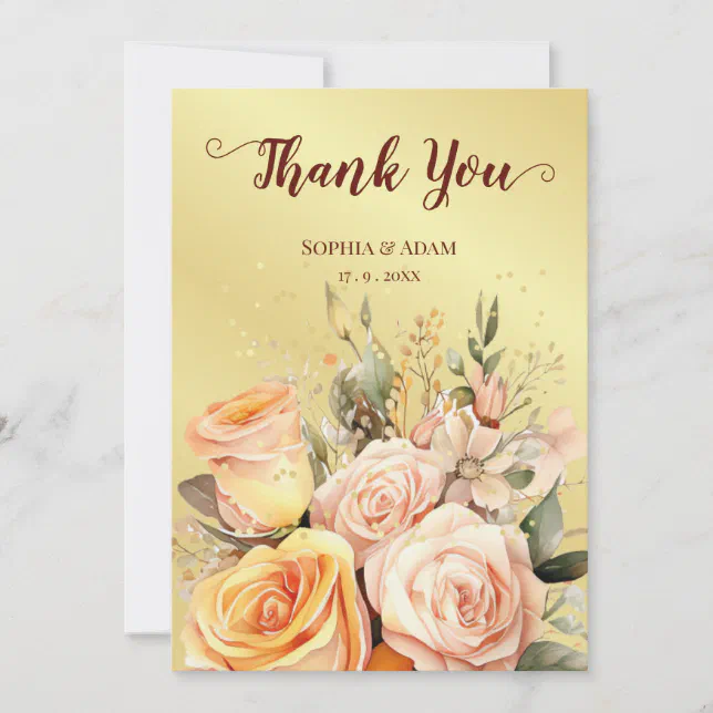 Golden Rustic Floral Thank You Wedding Card