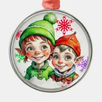 Vintage Christmas Boy and Girl Elves Metal Ornament