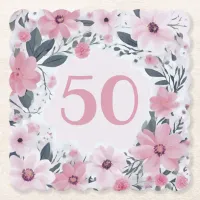 Floral 50th Birthday Party Pastel Pink Flowers Paper Coaster