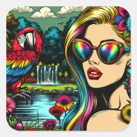 Retro Woman and Parrot in the Park Pop Art  Square Sticker