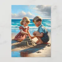 Children Building a Sandcastle on the Beach  Postcard