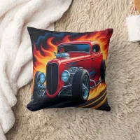 Classic hot rod blazing down a fiery highway throw pillow