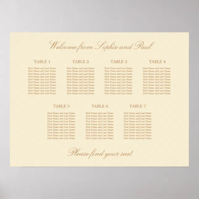 Cream Beige 7 Table Wedding Seating Chart Poster