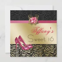 chic zebra gold pink Sweet Sixteen party Invites