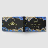 Blue Roses Black Gold Lace Butterfly Quincea&#241;era Foil Guest Book