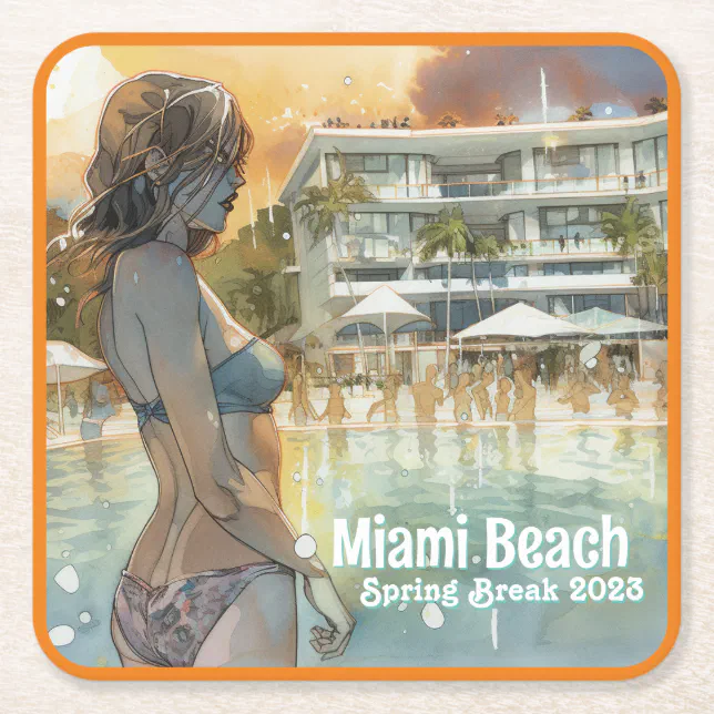 Miami Beach Spring Break Girl in Pool Watercolor Square Paper Coaster