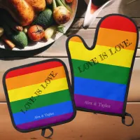 LOVE IS LOVE. Pride Month LGBT Rainbow Gay Flag Oven Mitt & Pot Holder Set