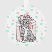 Personalized Merry Christmas Gray Kitten Pink Bow  Ornament