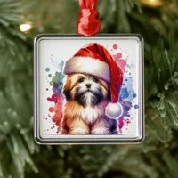 Lhasa Apso Dog in Santa Hat Christmas   Metal Ornament