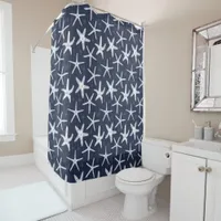 Nautical Navy Blue and White Sea Star Starfish Shower Curtain