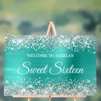 Silver Glitter Turquoise Foil Sweet Sixteen Acrylic Sign