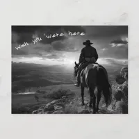 Cowboy on horseback at sunset B&W photo Postcard