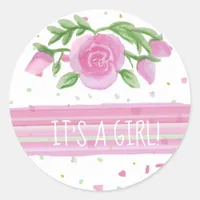 It's a Girl Pink Roses Floral Classic Round Sticker