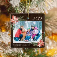 Rustic Wood Christmas Family Photo Ceramic Ornament