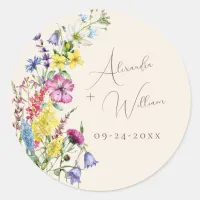Wildflower Floral Beige Boho Wedding Classic Round Sticker