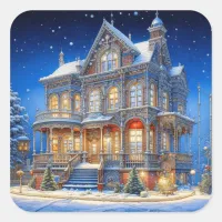 Snowy Christmas House Square Sticker