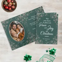 Elegant Gold Snowflakes Peace Joy Green Photo Holiday Card