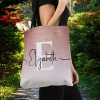 Modern Rose Gold Glitter Luxury Ombre Monogrammed Tote Bag