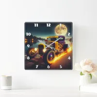 Vintage hot rod cruising under a full moon square wall clock