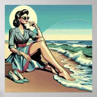 1950's Retro Woman Sitting on the Beach Poster