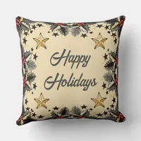 Retro Holly Berries and Evergreen Throw Pillow