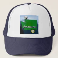 Washington State Map Faux Quarter, Seal, Mountains Trucker Hat