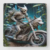 skeleton on a chopper mounted with a wolf head square wall clock