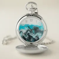 Aqua Blue Gray and Black Waves Abstract Modern Art Pocket Watch