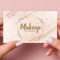 Makeup Artist Peach Marble Geometric Gold Elegant Business Card