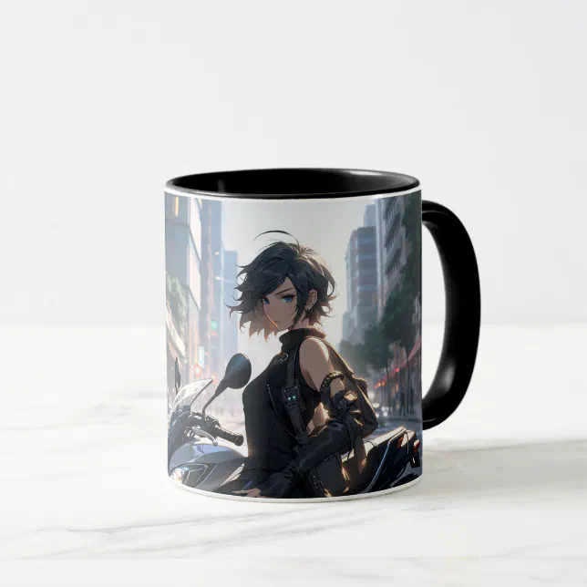 Anime woman biking downtown mug