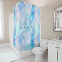 Monogram Blue Galaxy Glitter Agate Shower Curtain